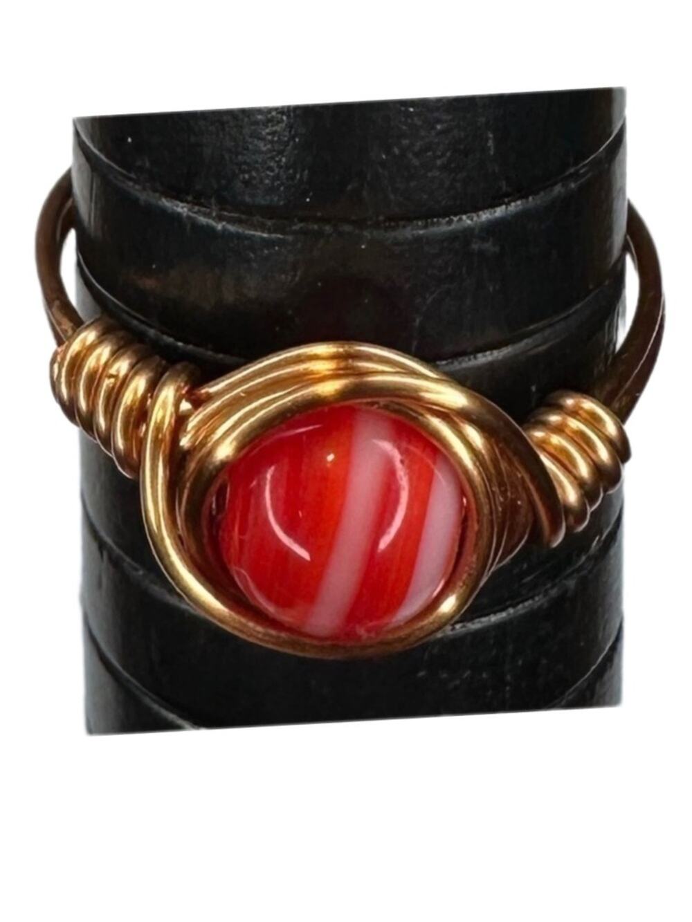 Red and white swirl ring glass bead copper wire wrap handmade